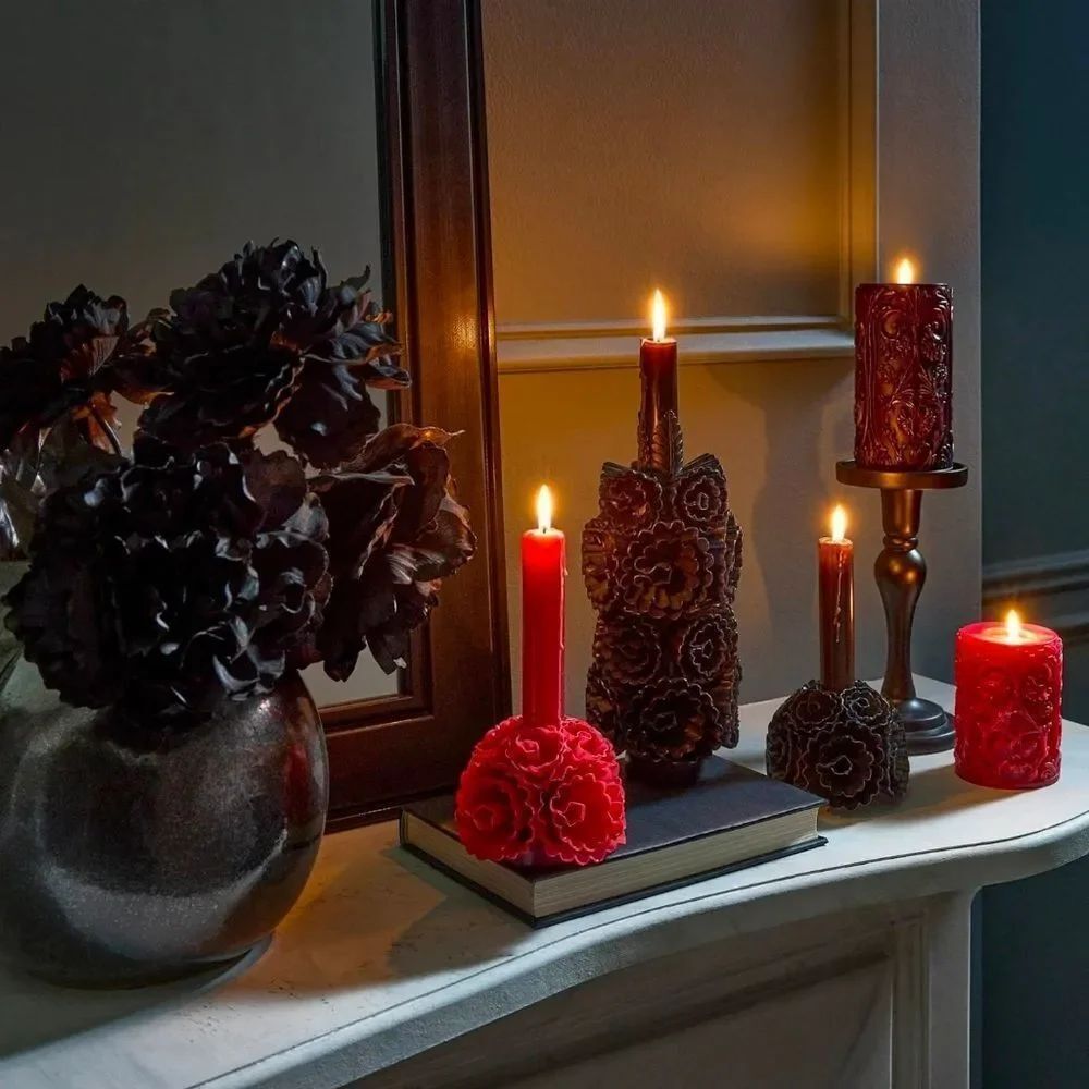Midnight Shadows Black Floral Taper Candle Gothic Halloween Decor, 12" Tall, New